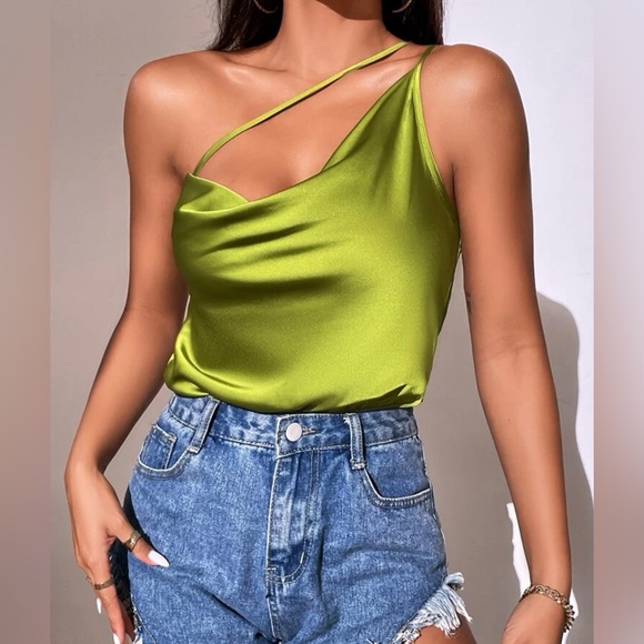 SHEIN Tops - SHEIN One Shoulder Draped Satin Bodysuit